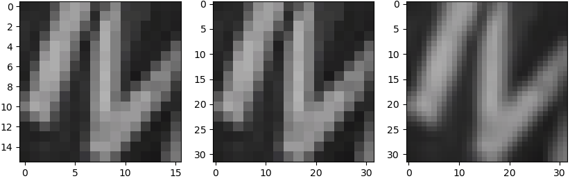 <span class="figure-number">Figure 12: </span>Original image (left), upscaled 2x with NN interpolation (middle), upscaled with bilinear interpolation (right).