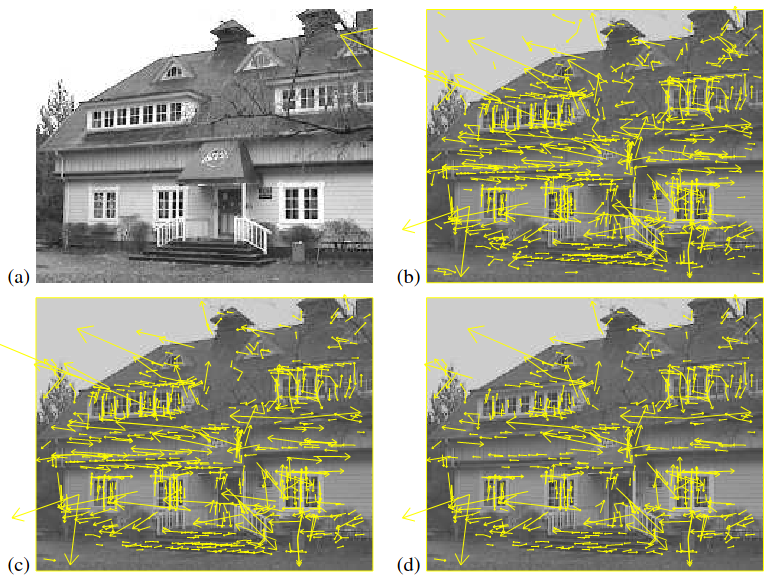 <span class="figure-number">Figure 7: </span>Refinement of candidate keypoints by filtering those sensitive to noise (c) and those representing ambiguity along edges (d) (<a href="#citeproc_bib_item_2">Lowe 2004</a>).